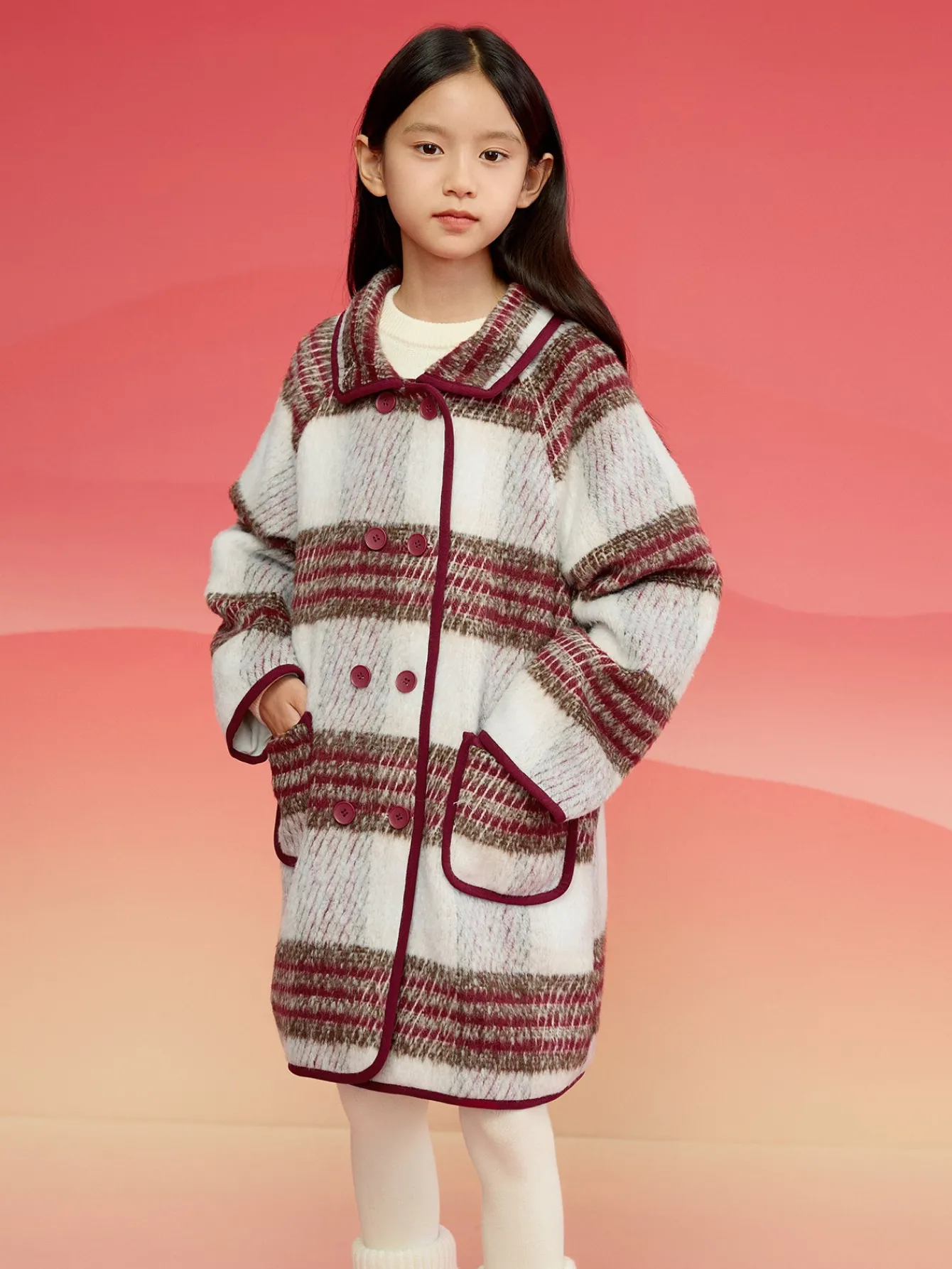 Balabala Barabara children's clothing girls coat 2024 fall and winter new retro college plaid tweed coat Red White Hot