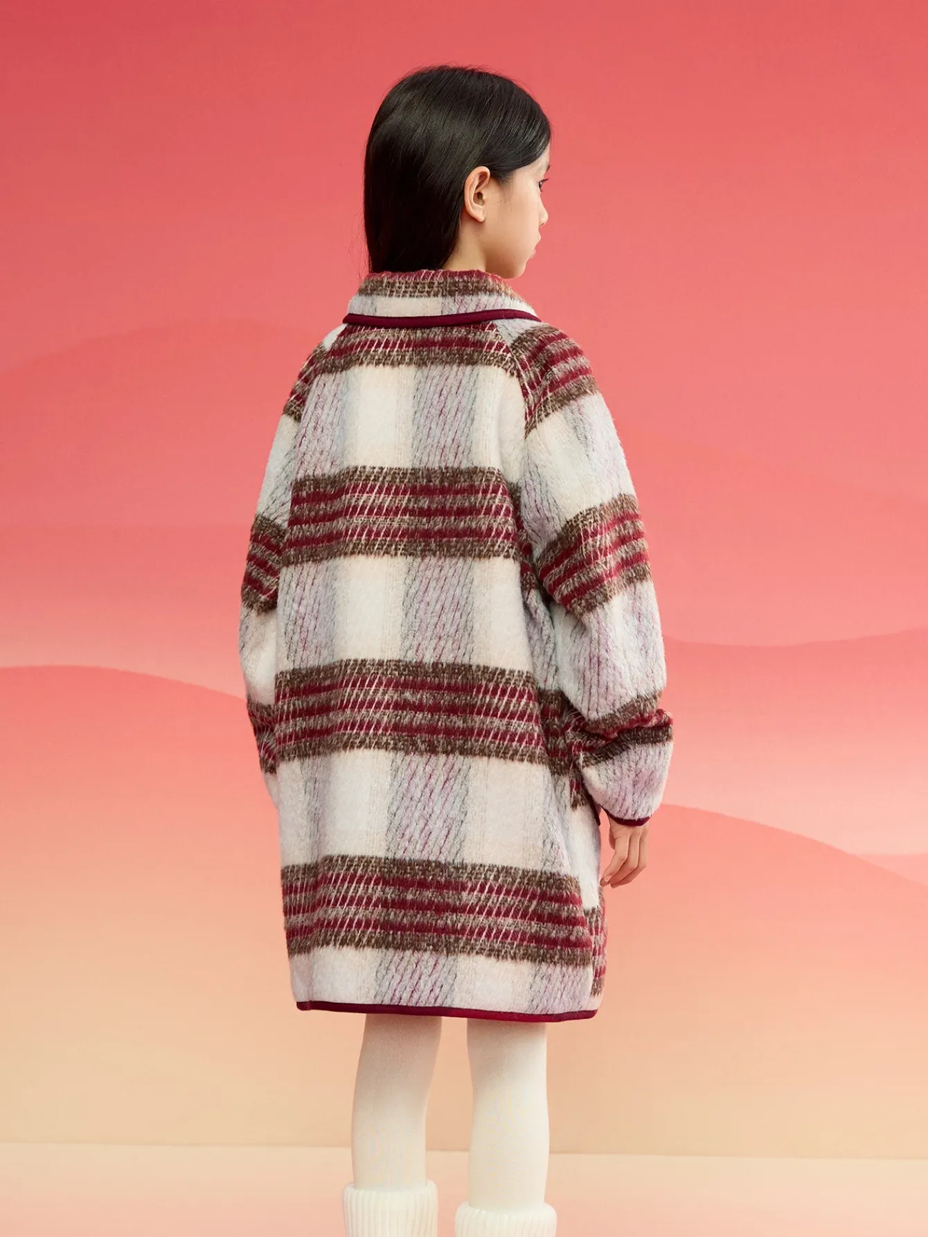 Balabala Barabara children's clothing girls coat 2024 fall and winter new retro college plaid tweed coat Red White Hot