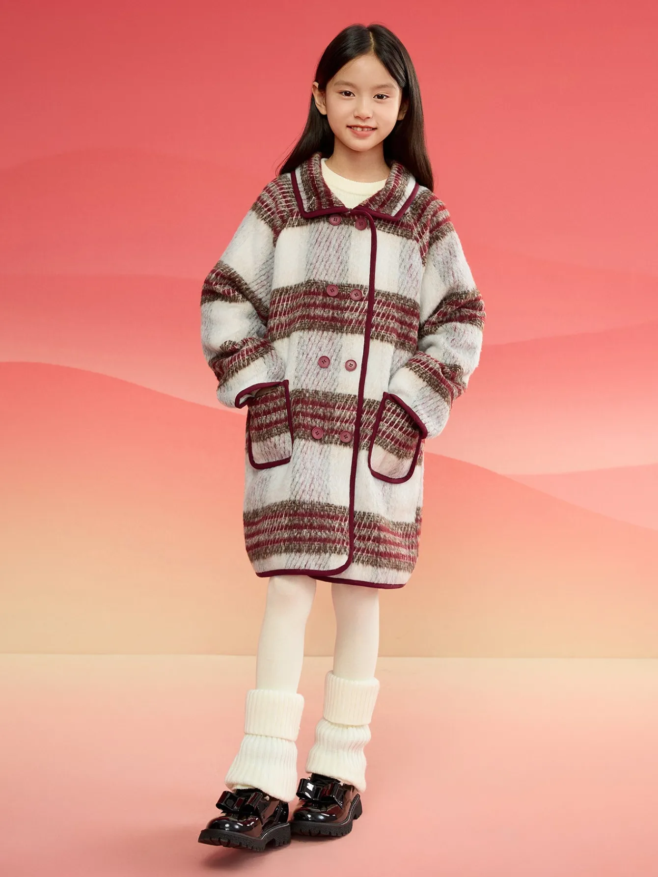 Balabala Barabara children's clothing girls coat 2024 fall and winter new retro college plaid tweed coat Red White Hot