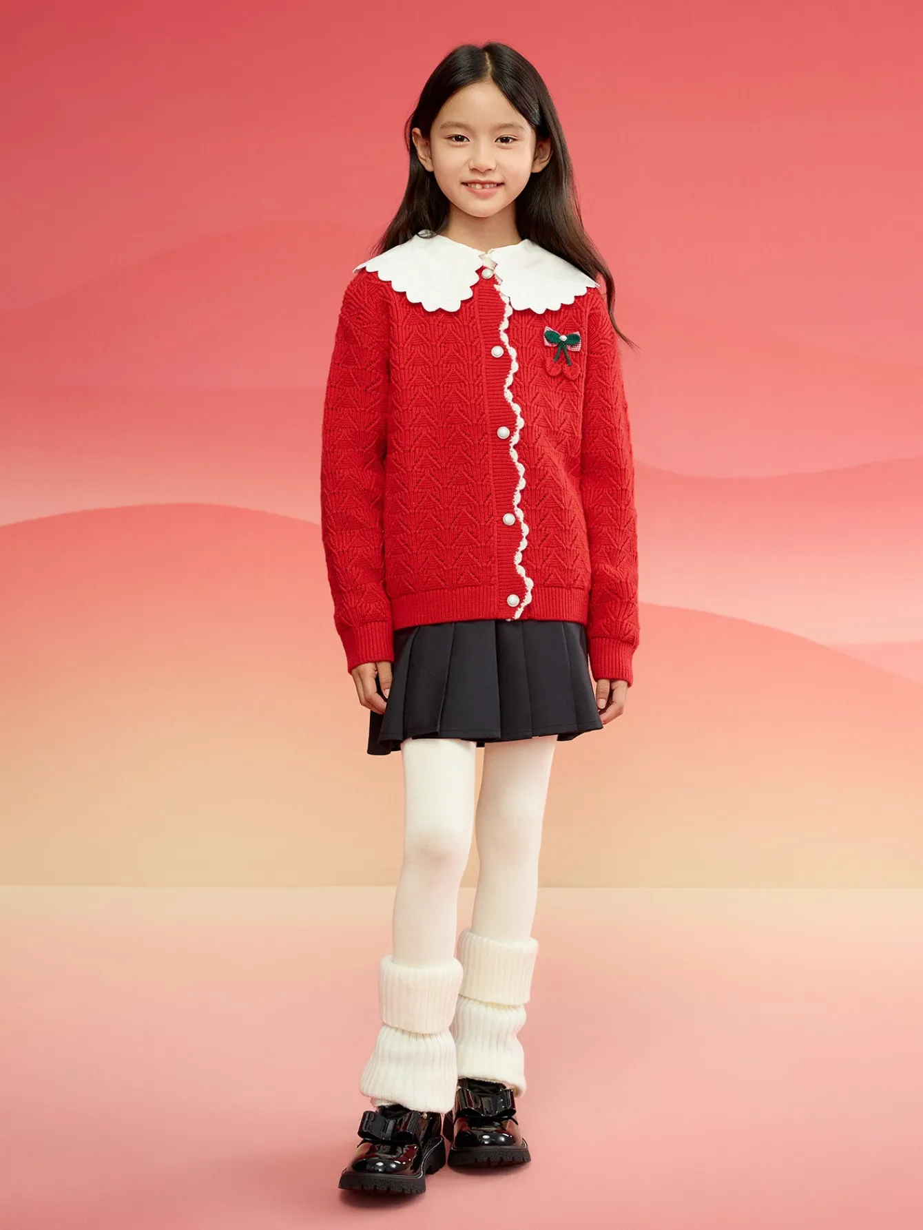 Balabala Barabara children's clothing girls sweater sweater 2024 winter new red knitted color collision warm cardigan Chinese Red Best
