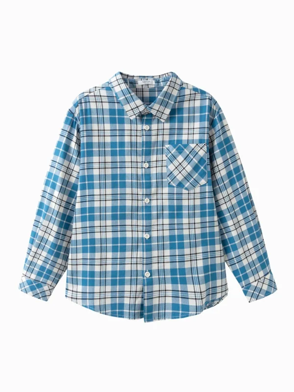 Balabala Boys' plaid long-sleeve shirt Blue White Cheap