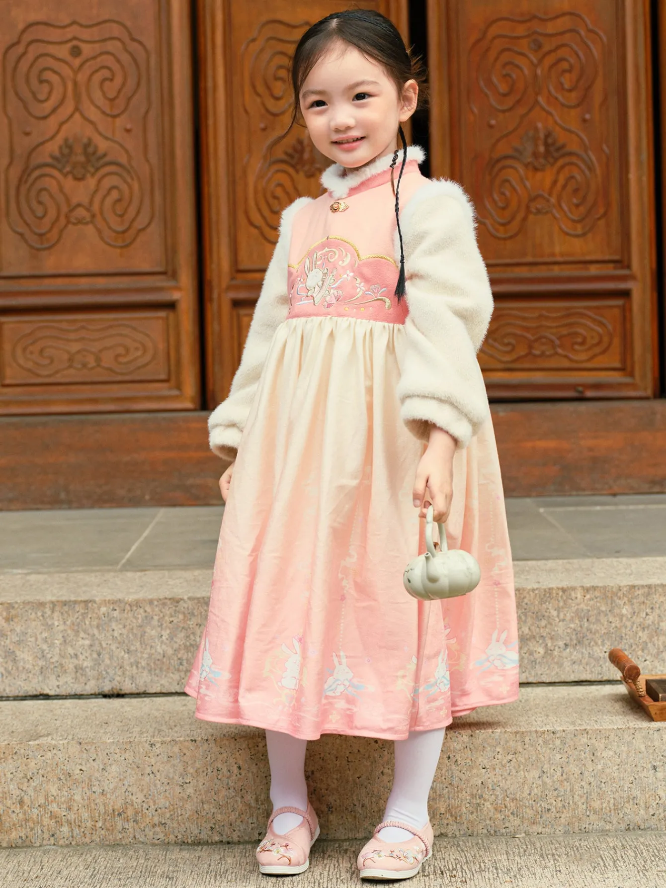 Balabala Girl Toddler Stand Collar Jade Rabbit Multicolor Dress Store