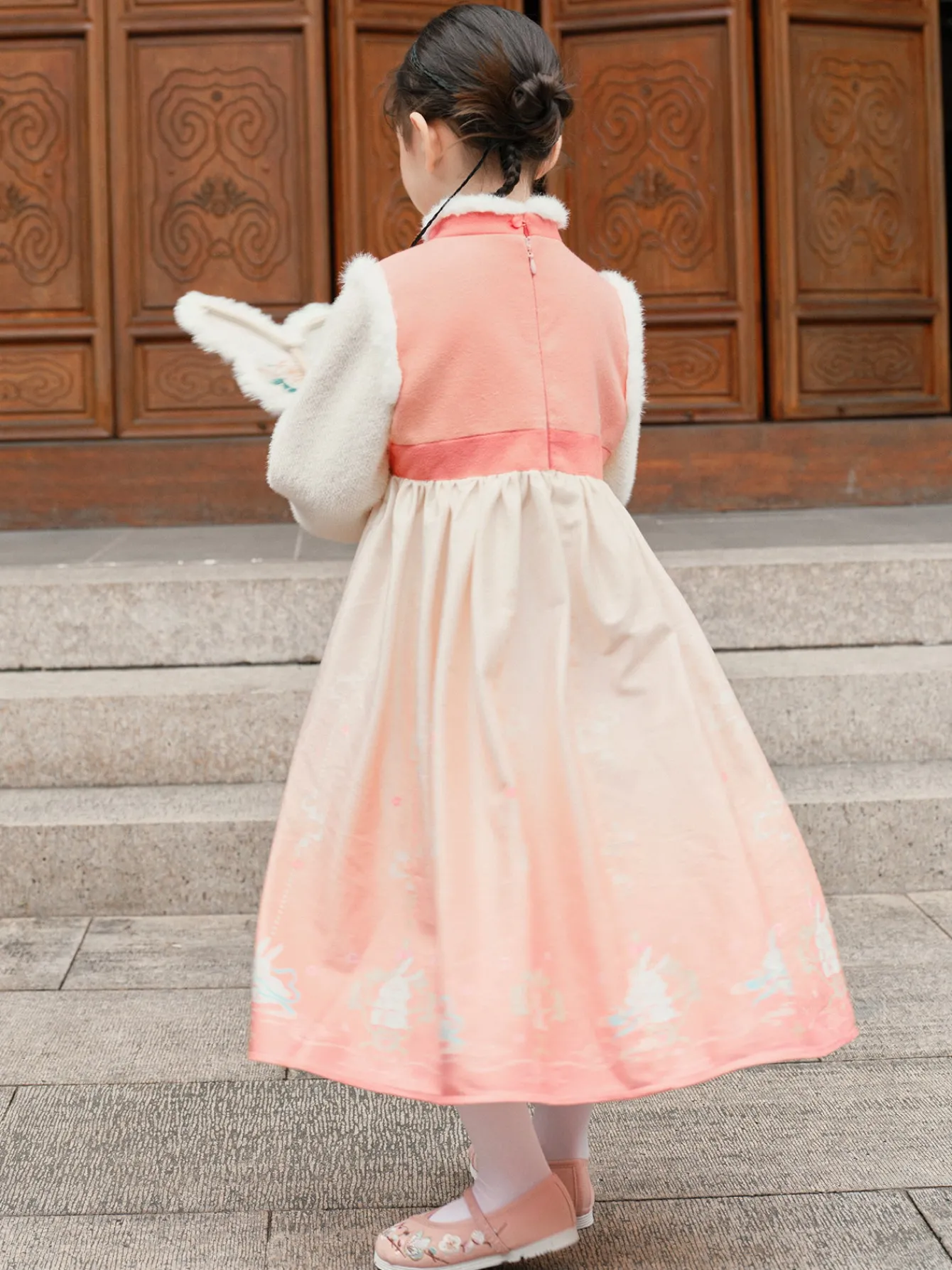 Balabala Girl Toddler Stand Collar Jade Rabbit Multicolor Dress Store