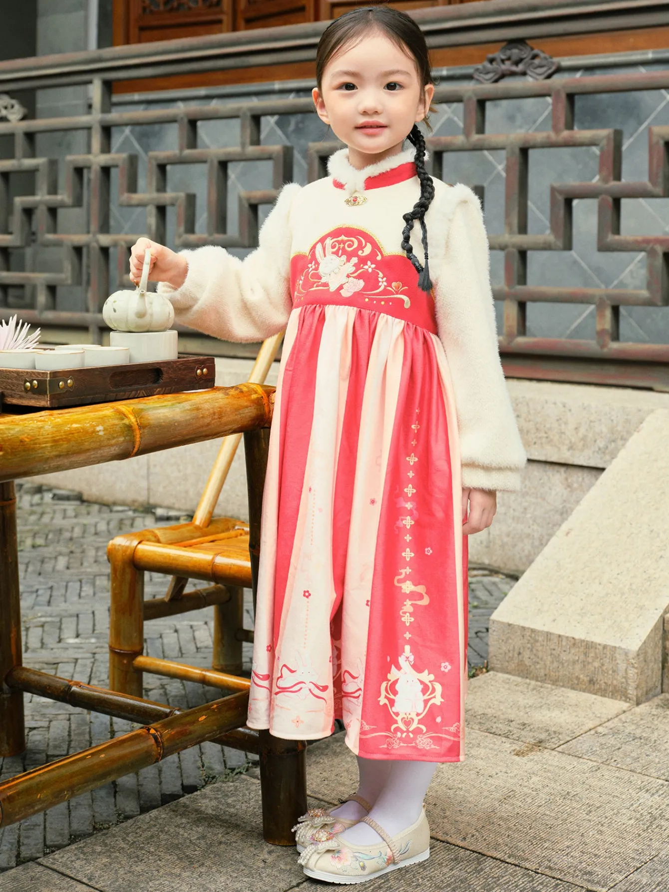 Balabala Girl Toddler Stand Collar Jade Rabbit Multicolor Dress Store