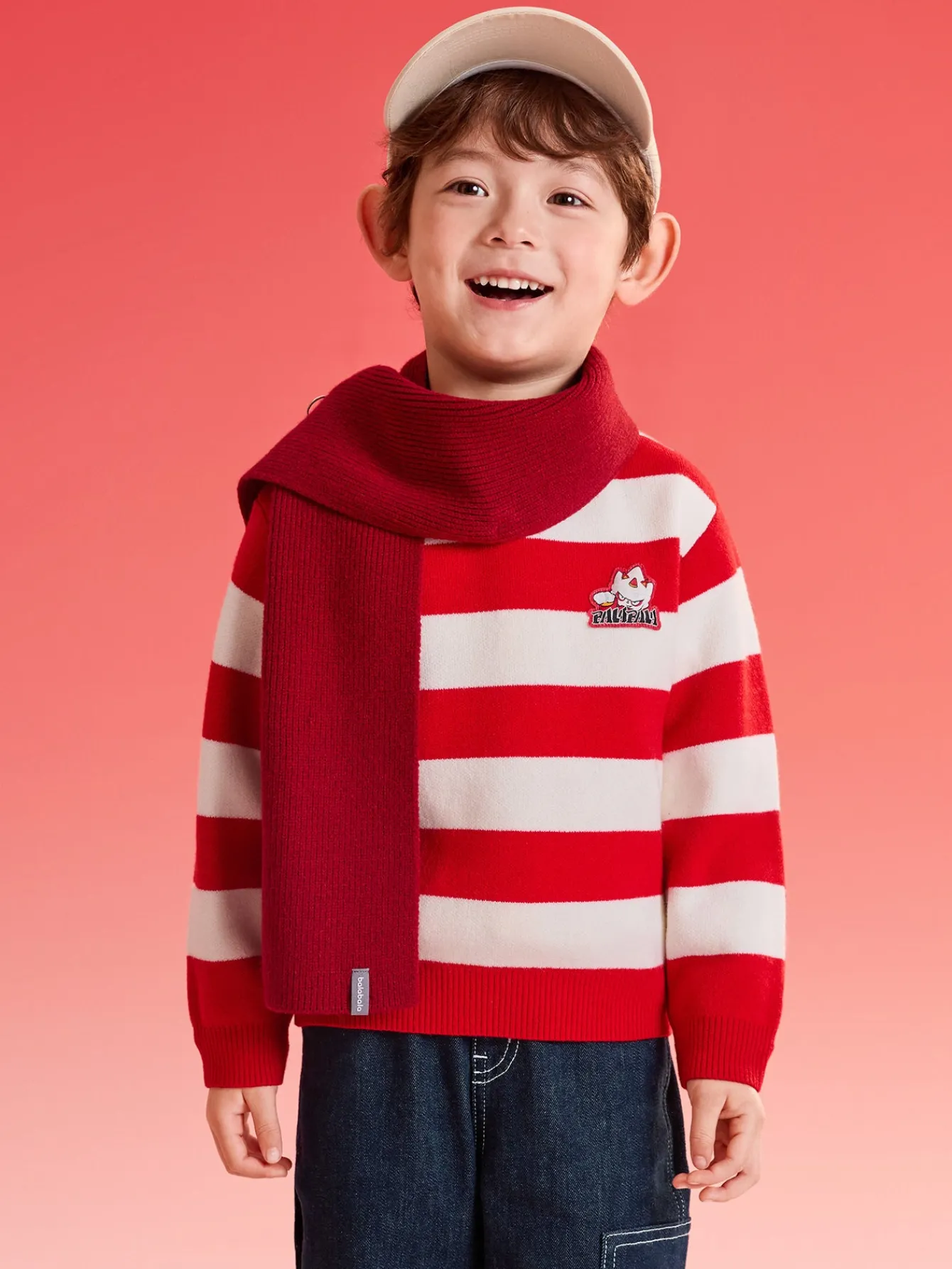Balabala Sweater 2025 new spring style for Toddler Boys round neck White Red Hot